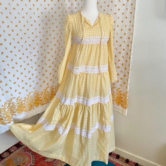 Vintage Yellow Gingham Prairie Maxi Dress Lace Cotton Cottagecore - Picture 1 of 7